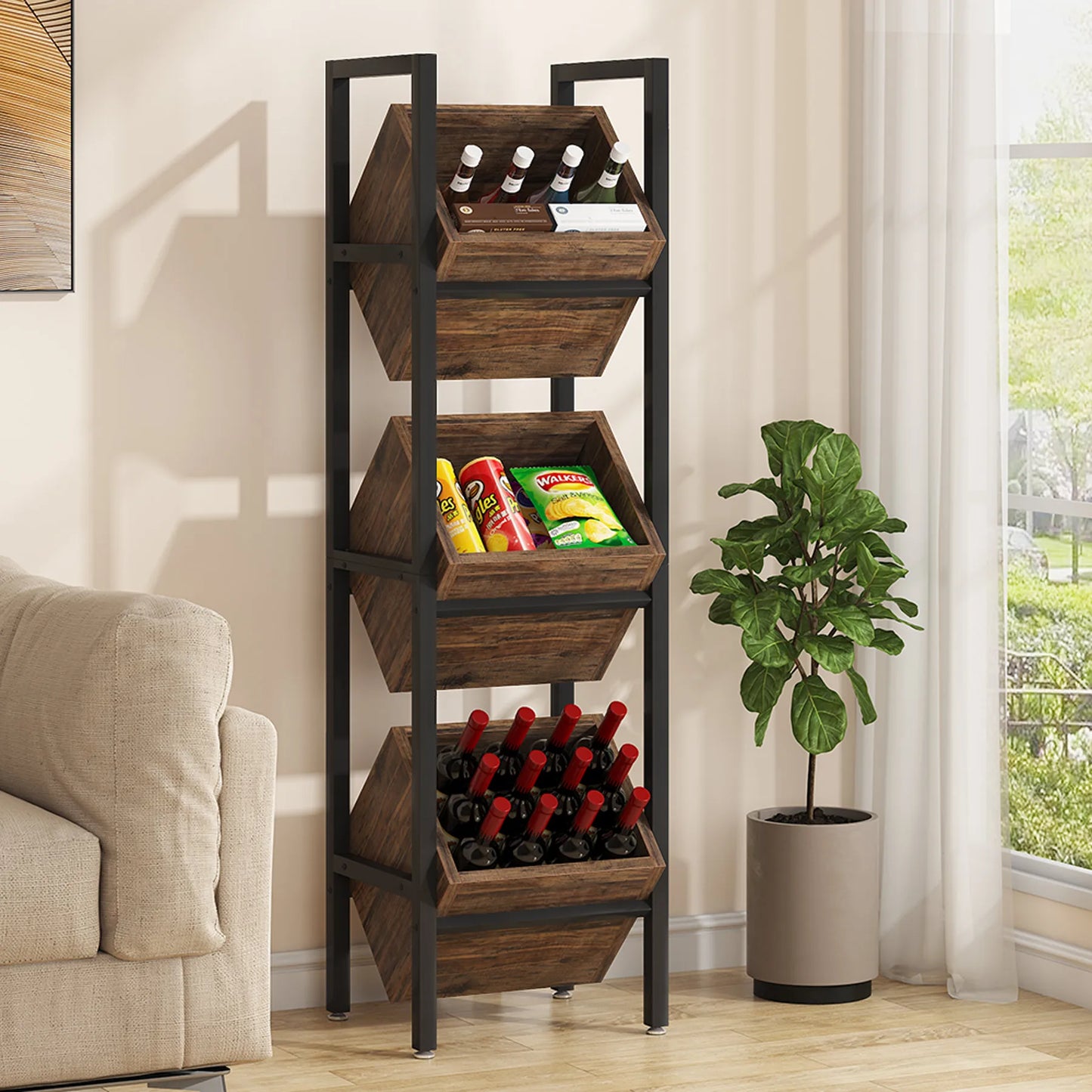 MonoWood Wine Rack Freestanding Floor, 3 Tier Wooden Wine Storage Stand, Wobble-Free Wine Holder Display Shelf