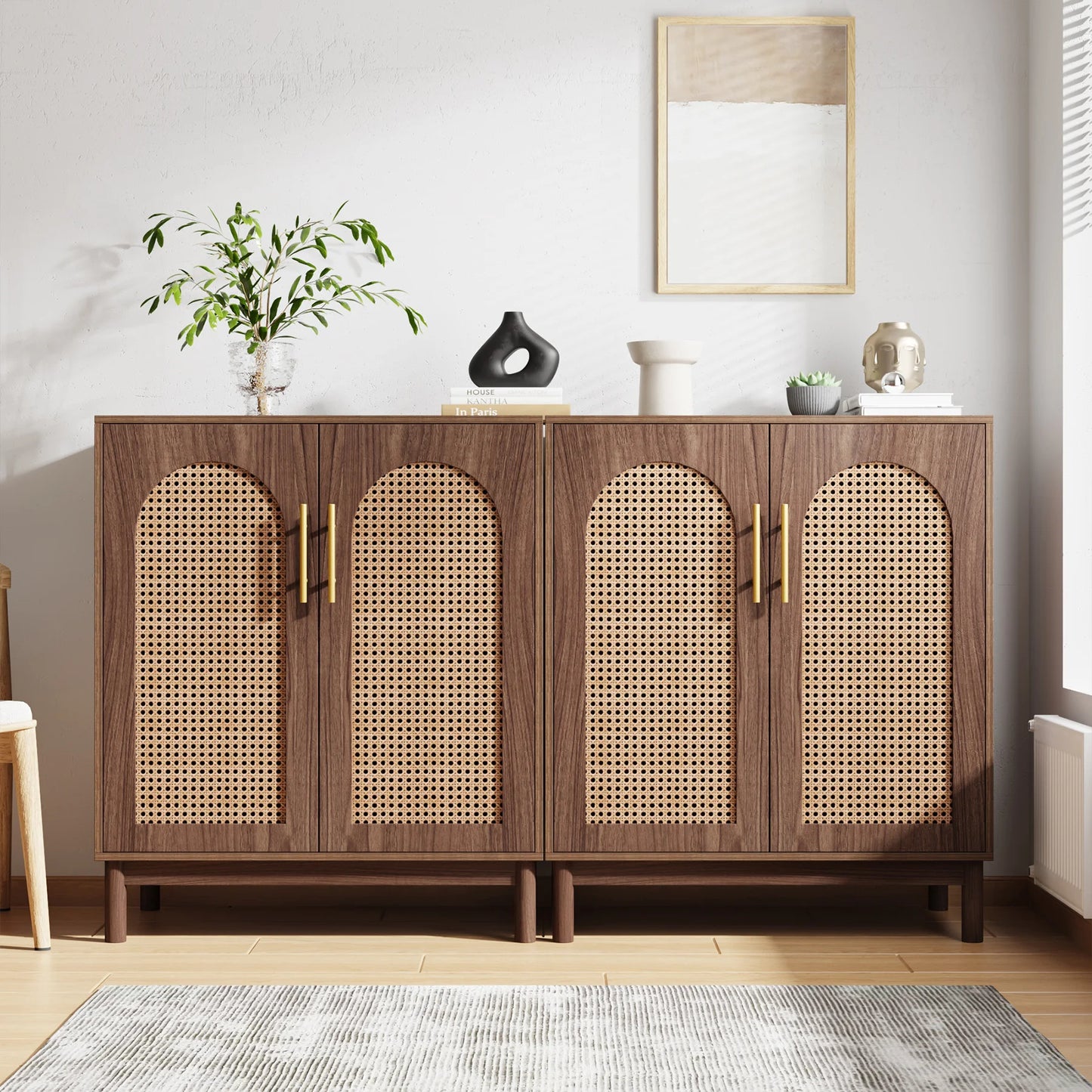 MonoWood Set of 2 Rattan Sideboard Buffet Cabinet with Storage, 59 Inch Accent Cabinet with Doors, Storage Cabinet for Dining