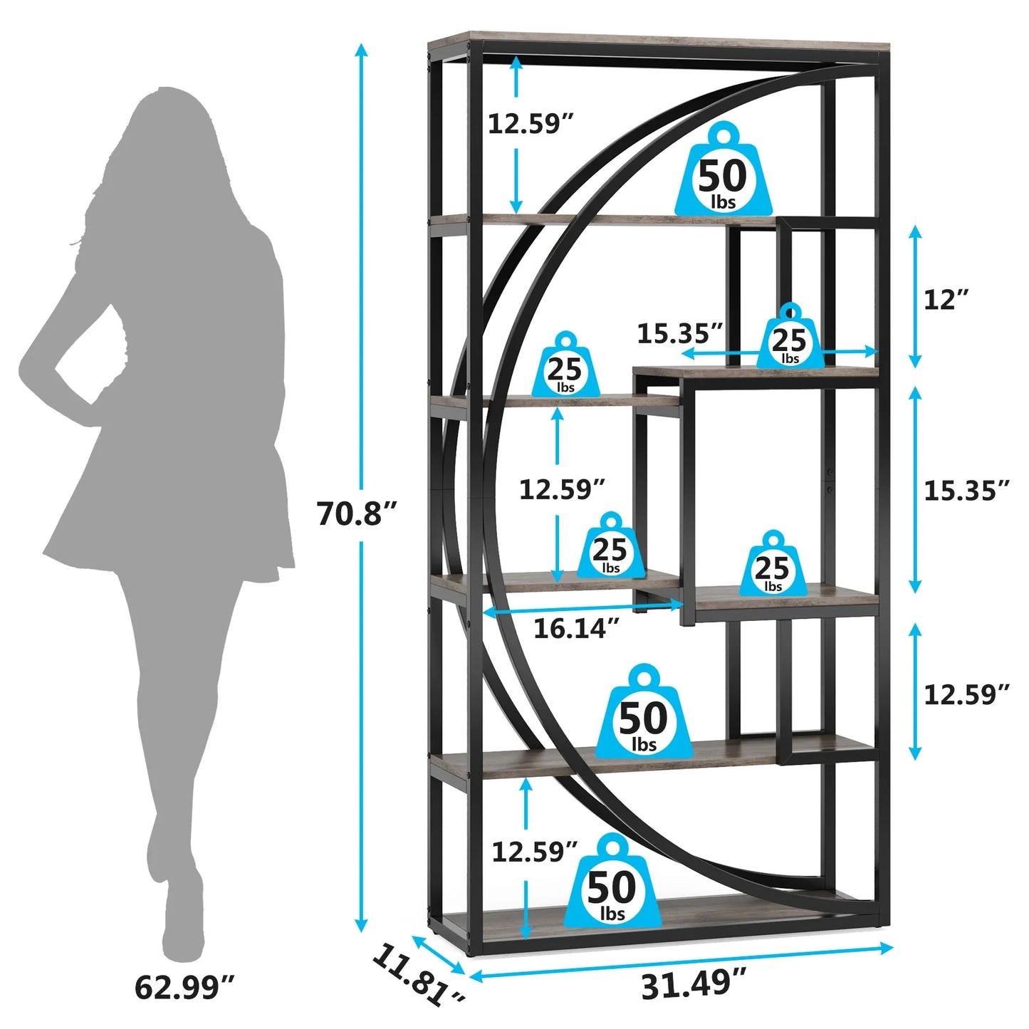 MonoWood Bookshelf, Industrial 5-Tier Etagere Bookcase, 70.8 inch Tall Bookshelf with 8 Open Storage Shelf, Vintage Grey