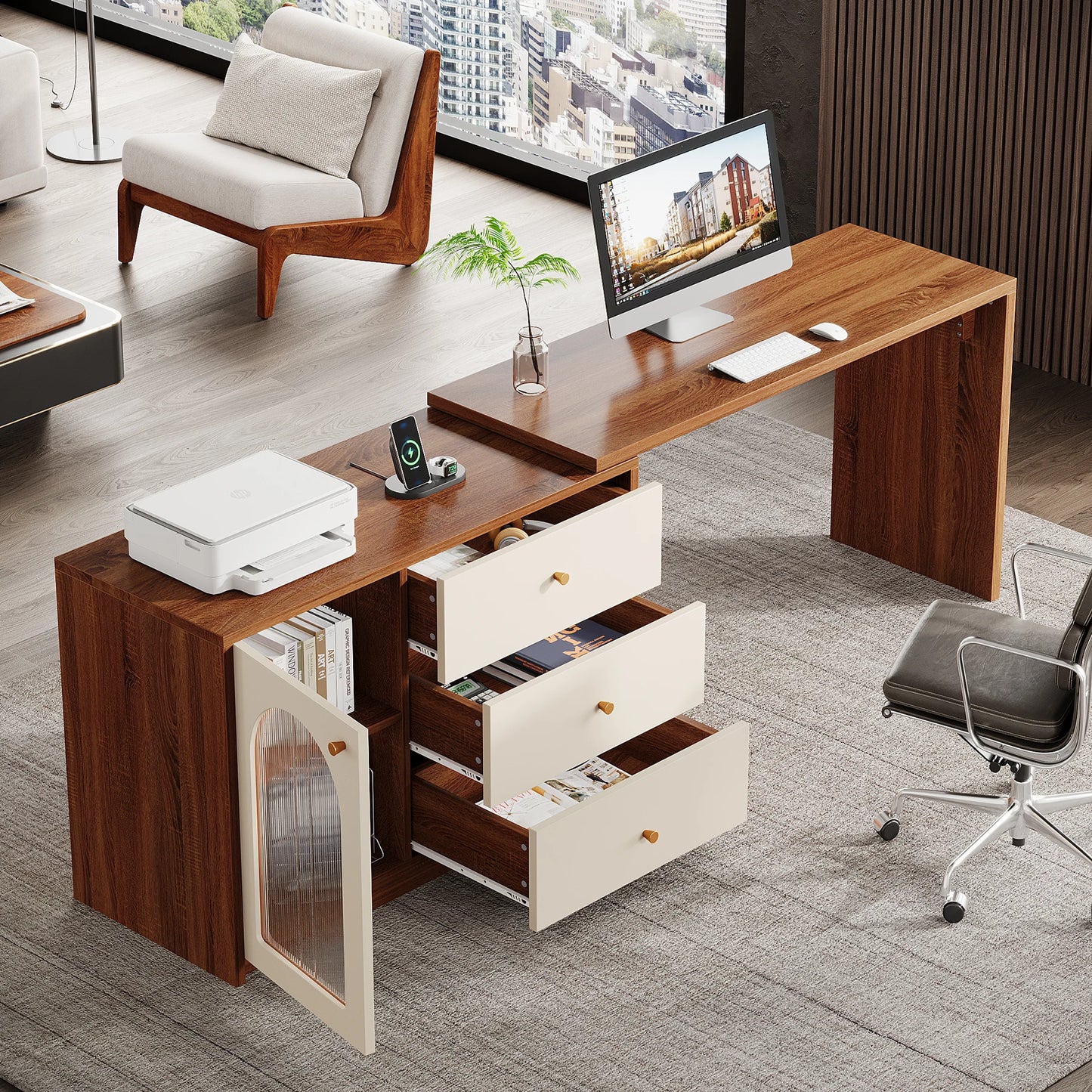 MonoWood L Shaped Computer Desk with Drawers, Modern Corner Home Office Desk with Reversible Storage Cabinet, Long Study Desk