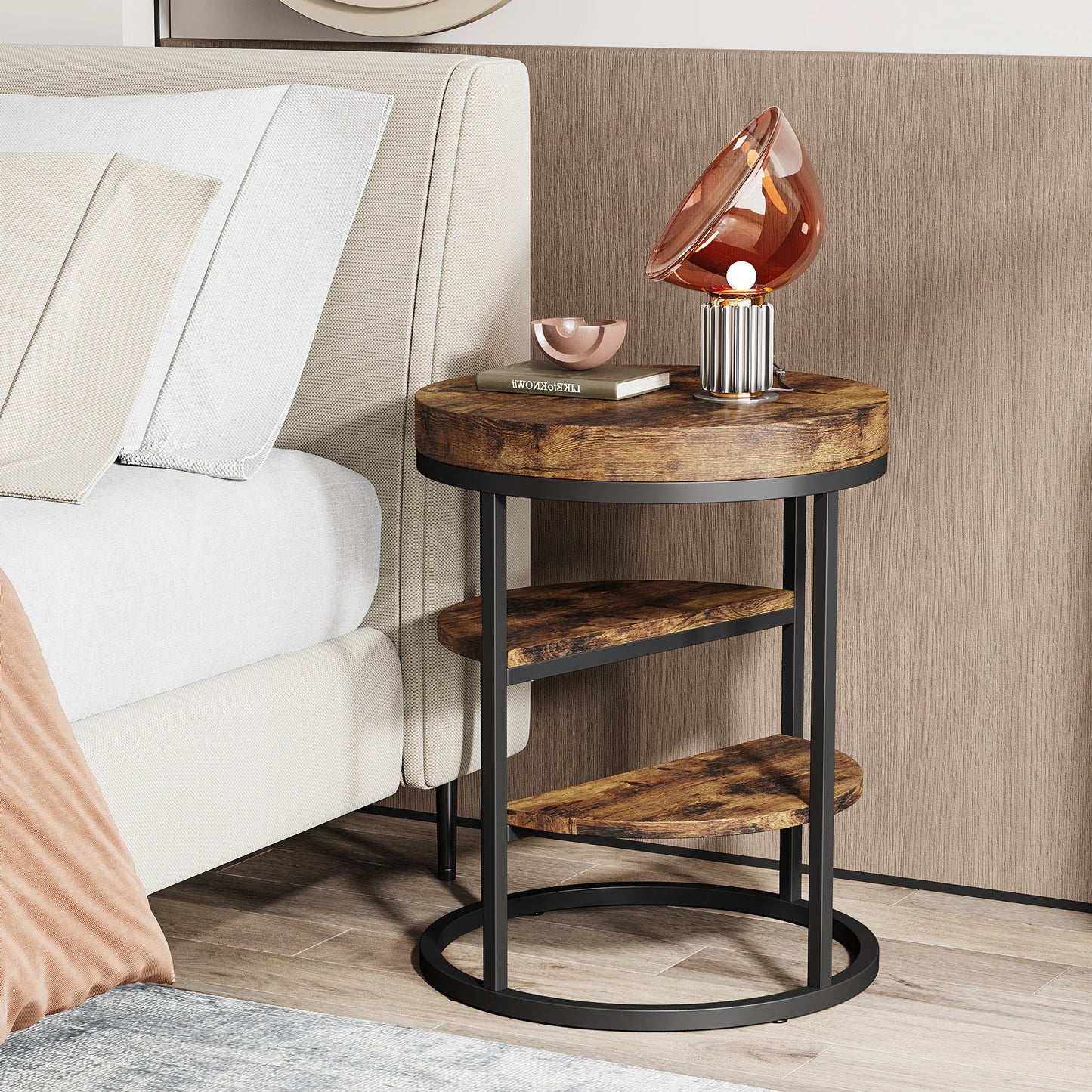 MonoWood Round End Table, Small End Table with 3 Storage Shelves, Wood Side Table for Small Spaces, Industrial Sofa Table