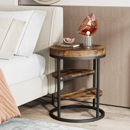MonoWood Round End Table, Small End Table with 3 Storage Shelves, Wood Side Table for Small Spaces, Industrial Sofa Table