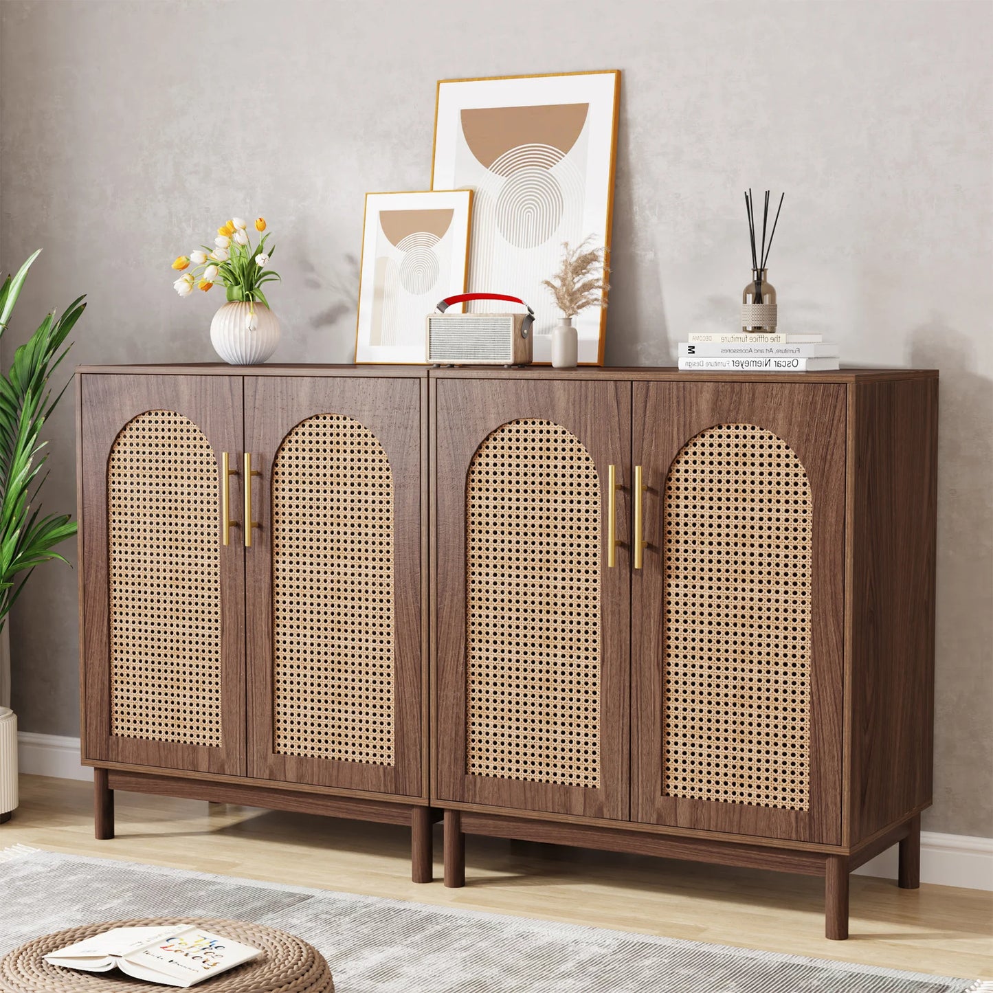 MonoWood Set of 2 Rattan Sideboard Buffet Cabinet with Storage, 59 Inch Accent Cabinet with Doors, Storage Cabinet for Dining