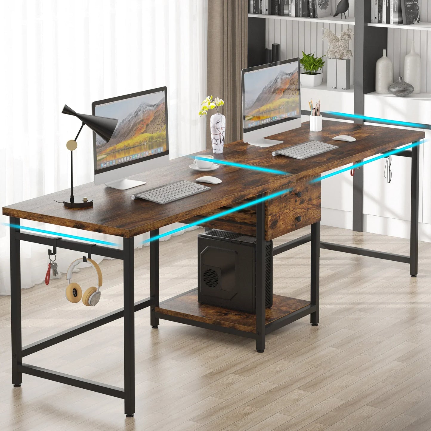 MonoWood 78.74’’ Two Person Desk with 2 Drawers, Long Double Computer Desk Gaming Table with Shelves