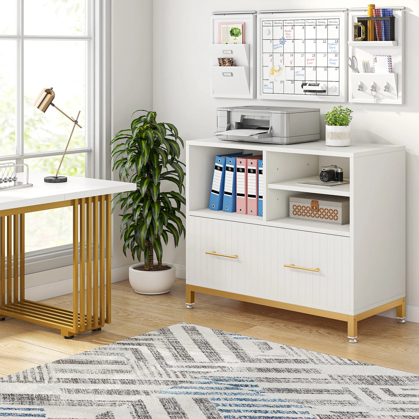 MonoWood Lateral File Cabinet with Drawer, White Filing Cabinet with Adjustable Hanging Rod for Letter/Letter/A4 Size Files