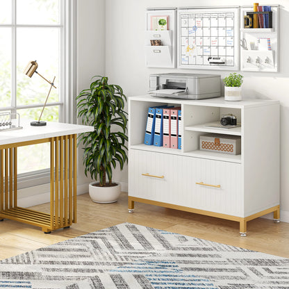 MonoWood Lateral File Cabinet with Drawer, White Filing Cabinet with Adjustable Hanging Rod for Letter/Letter/A4 Size Files