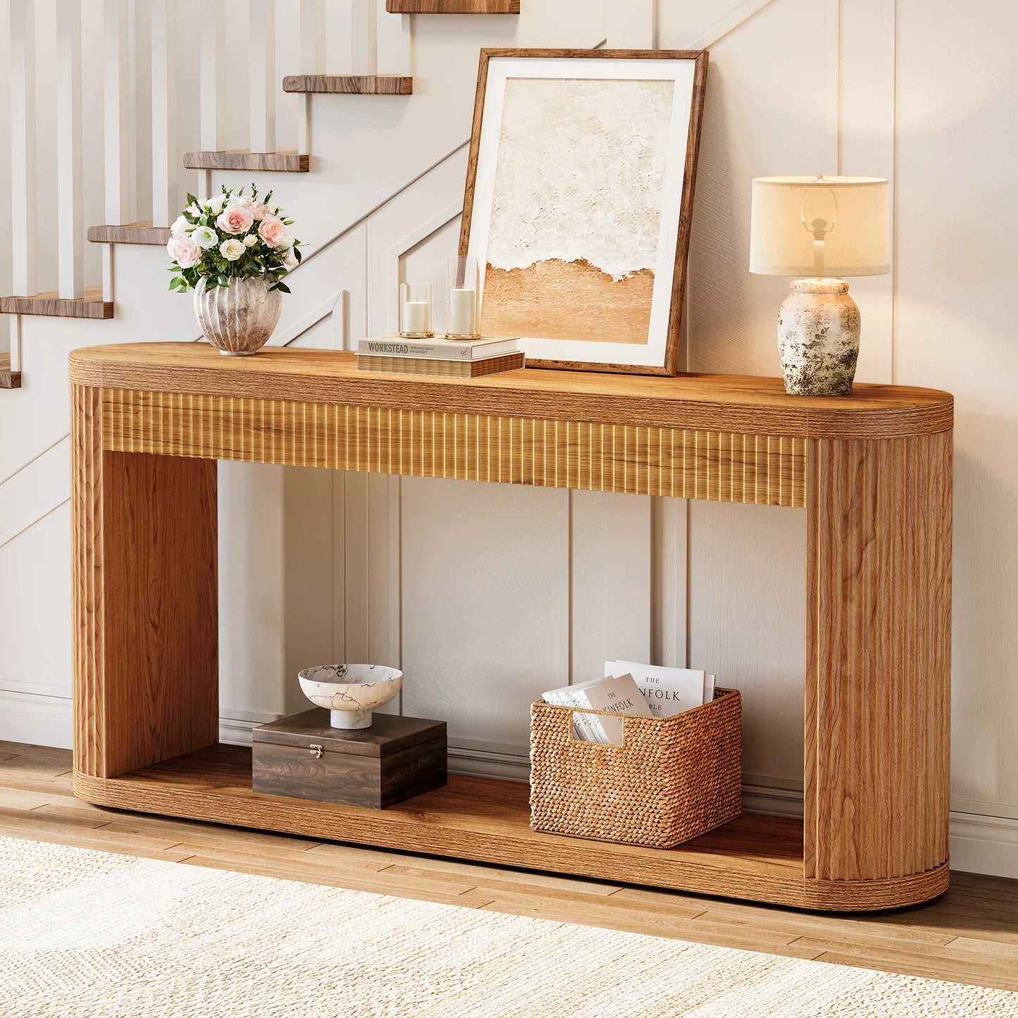 MonoWood 63 Inch Fluted Console Table for Entryway, Narrow Wood Sofa Table Behind Couch for Entrance, Hallway, Foyer