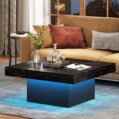 MonoWood Coffee Table Square LED Coffee Table Engineered Wood Low Coffee Table for Living Room Rustic Brown & Black