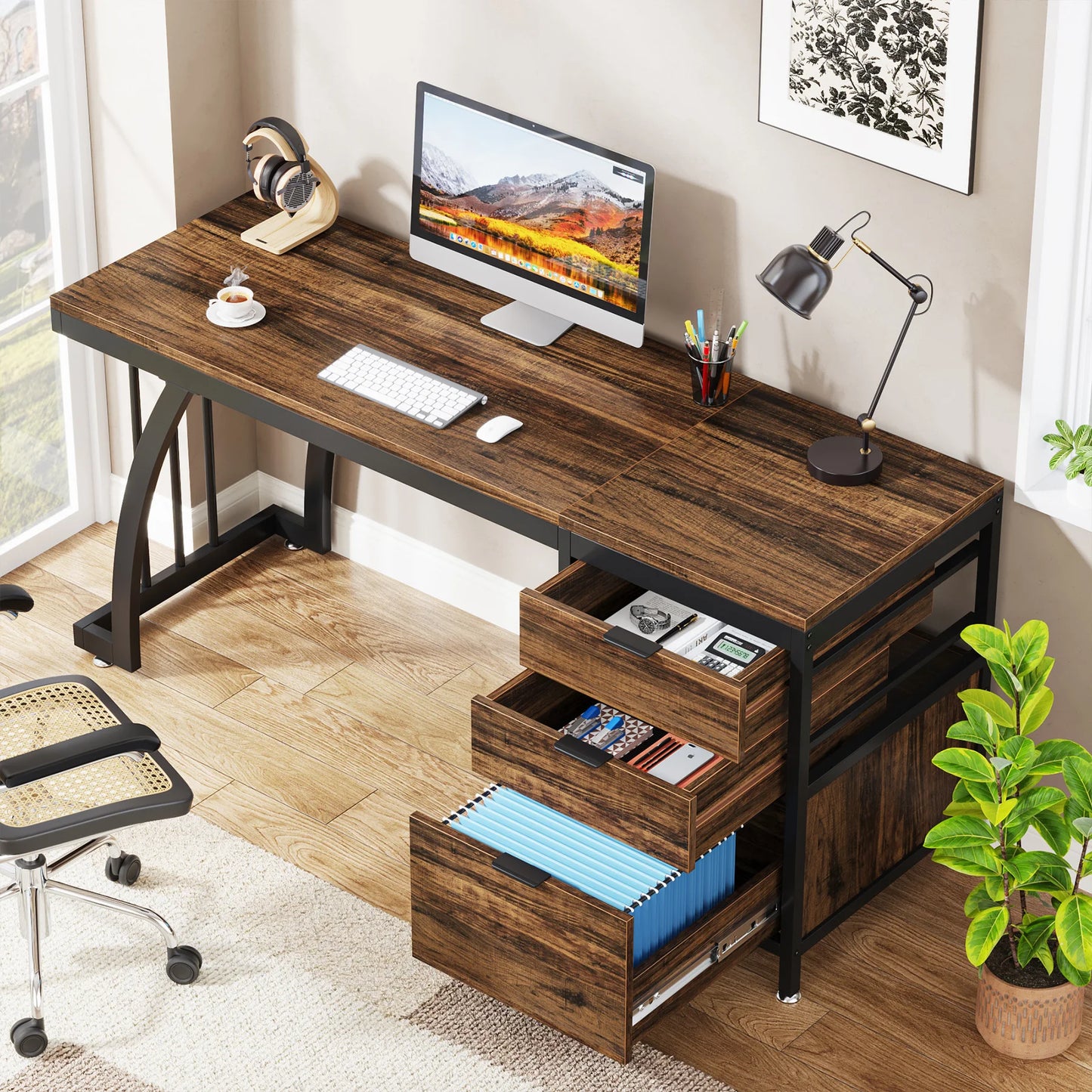 MonoWood Computer Desk with 3 Drawers, 59-Inch PC Desk with Reversible Drawers, Industrial Study Writing Table Workstation