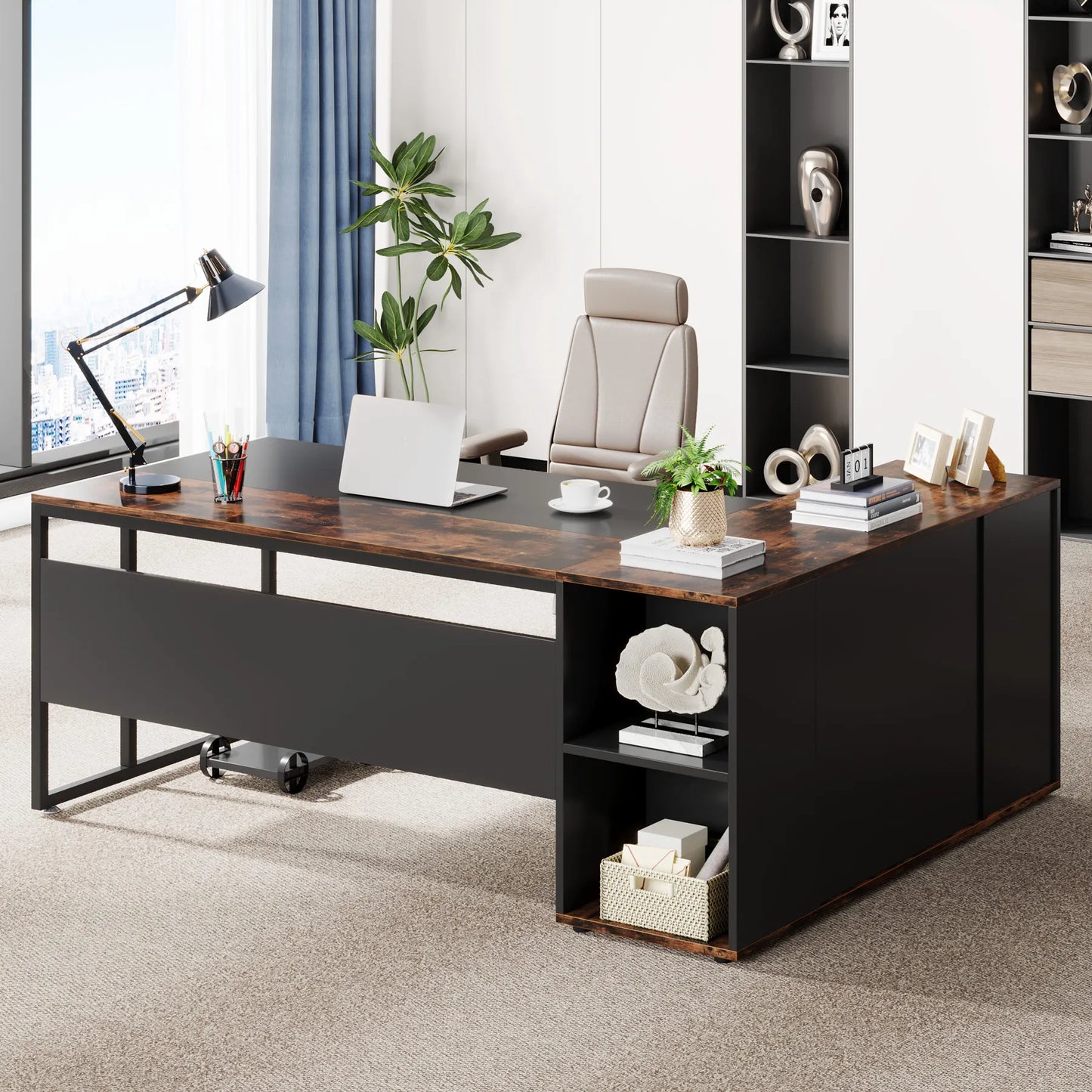 MonoWood 71 inch Executive Desk, L Shaped Desk with Cabinet Storage, Executive Office Desk with Shelves