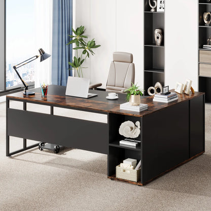 MonoWood 71 inch Executive Desk, L Shaped Desk with Cabinet Storage, Executive Office Desk with Shelves