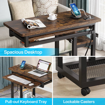 MonoWood Small Portable Desk with Power Outlet, Height Adjustable Sofa Couch Bedside Laptop Table with Wheels