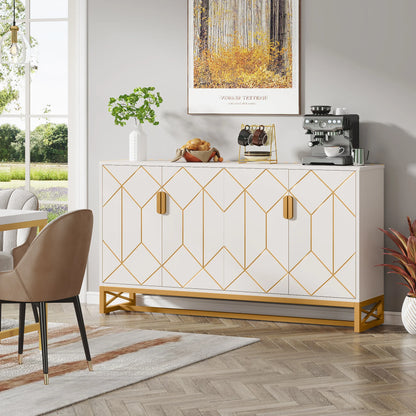 MonoWood 59" White Gold Buffet Cabinet with Storage Kitchen Sideboard Storage Cabinet