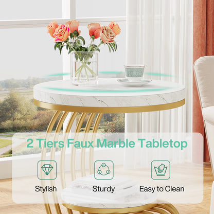 MonoWood Gold Round End Table: 2 Tiers Faux Marble Side Table with Storage Shelf, Modern White Gold Bedside Nightstand