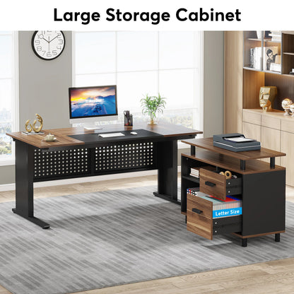 MonoWood 63 Inch Executive Desk with File Cabinet, Large Office Desk L Shaped Computer Desk with Drawers and Storage Shelves