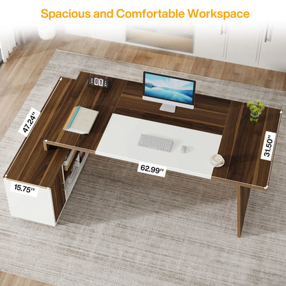MonoWood L-Shaped Executive Office Desk, 70.5-Inch Mid-Century Modern Executive Desk with Storage Cabinet and Shelves