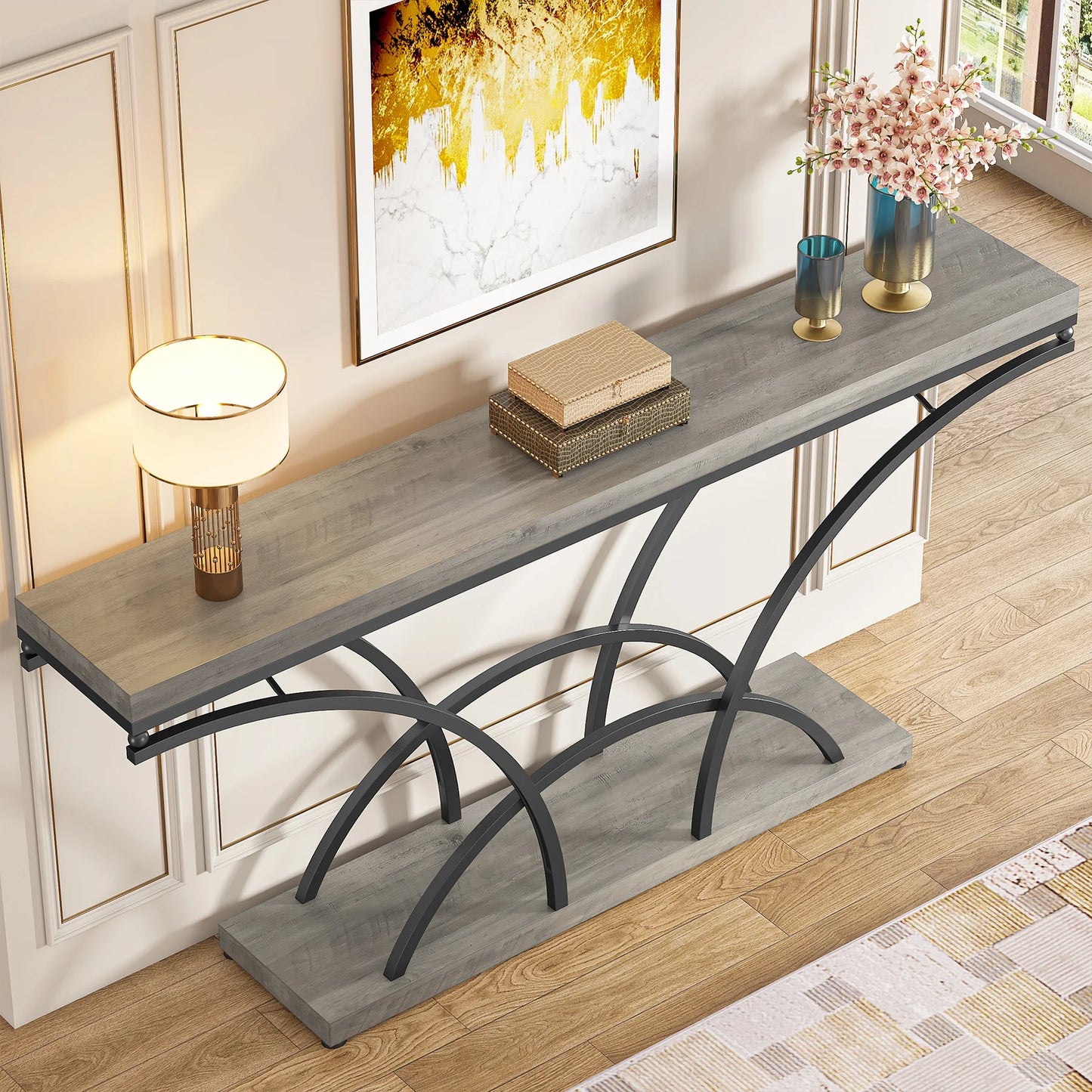 MonoWood 70.9 Inch Extra Long Console Table for Entryway, Gray Sofa Table with Wood Tabletop, Modern Accent Tables