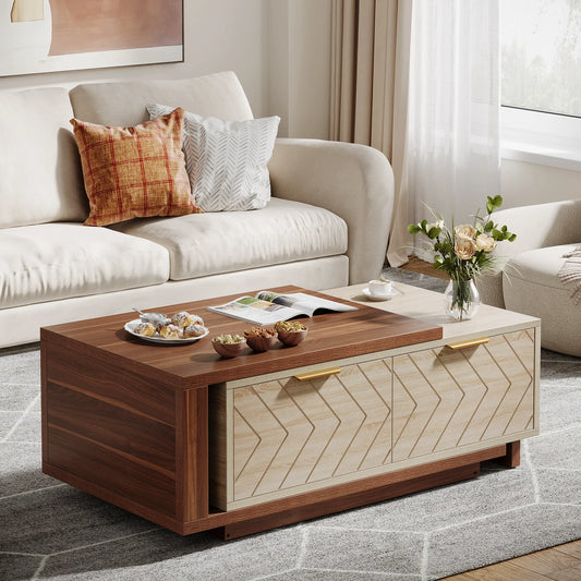MonoWood Extendable Coffee Table, 42"-65" Length Adjustable Reversible Wood Coffee Table with 2 Storage Drawers