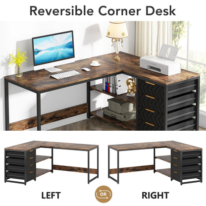 MonoWood L Shaped Computer Desk with Storage Drawers, 59 inch Corner Desk with Shelves, Reversible L-Shaped Office Desk Study