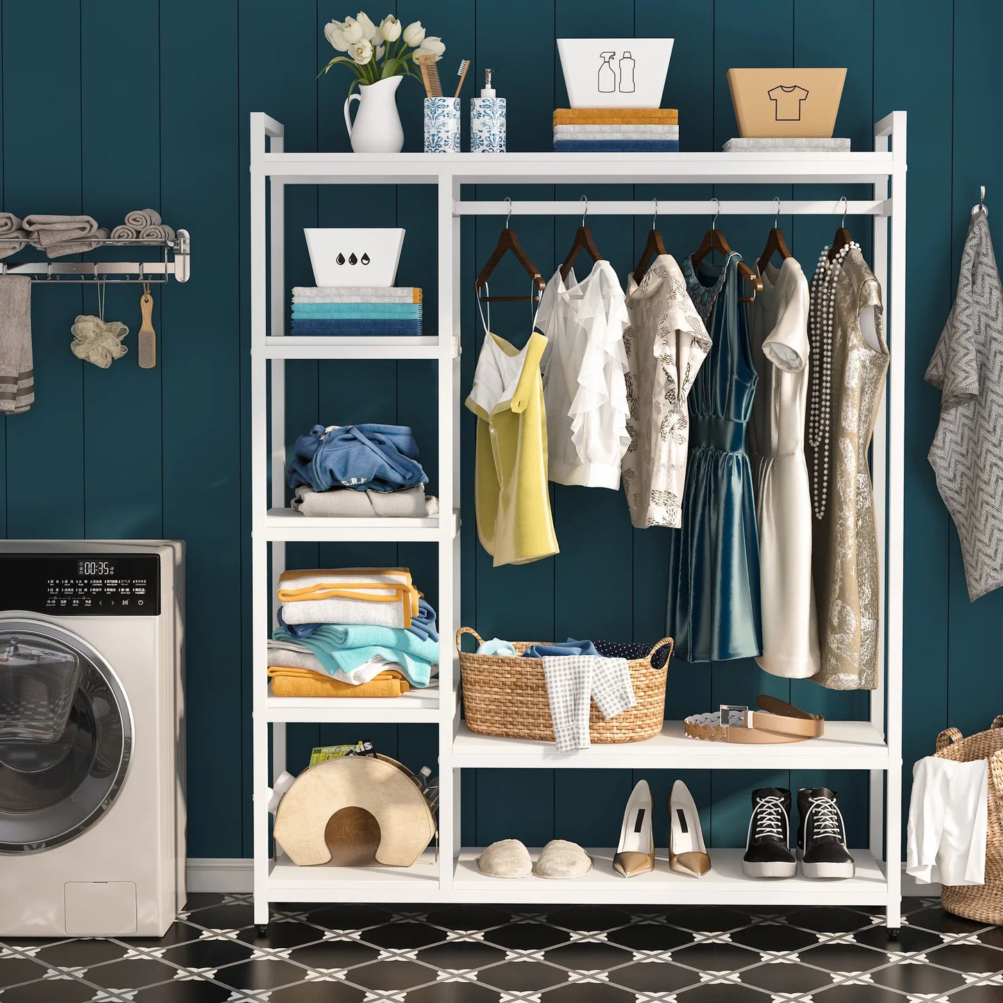 MonoWood Free-standing Closet Organizer, Heavy Duty Clothes Closet, Portable Garment Rack with 6-tier Shelves and Hanging rod