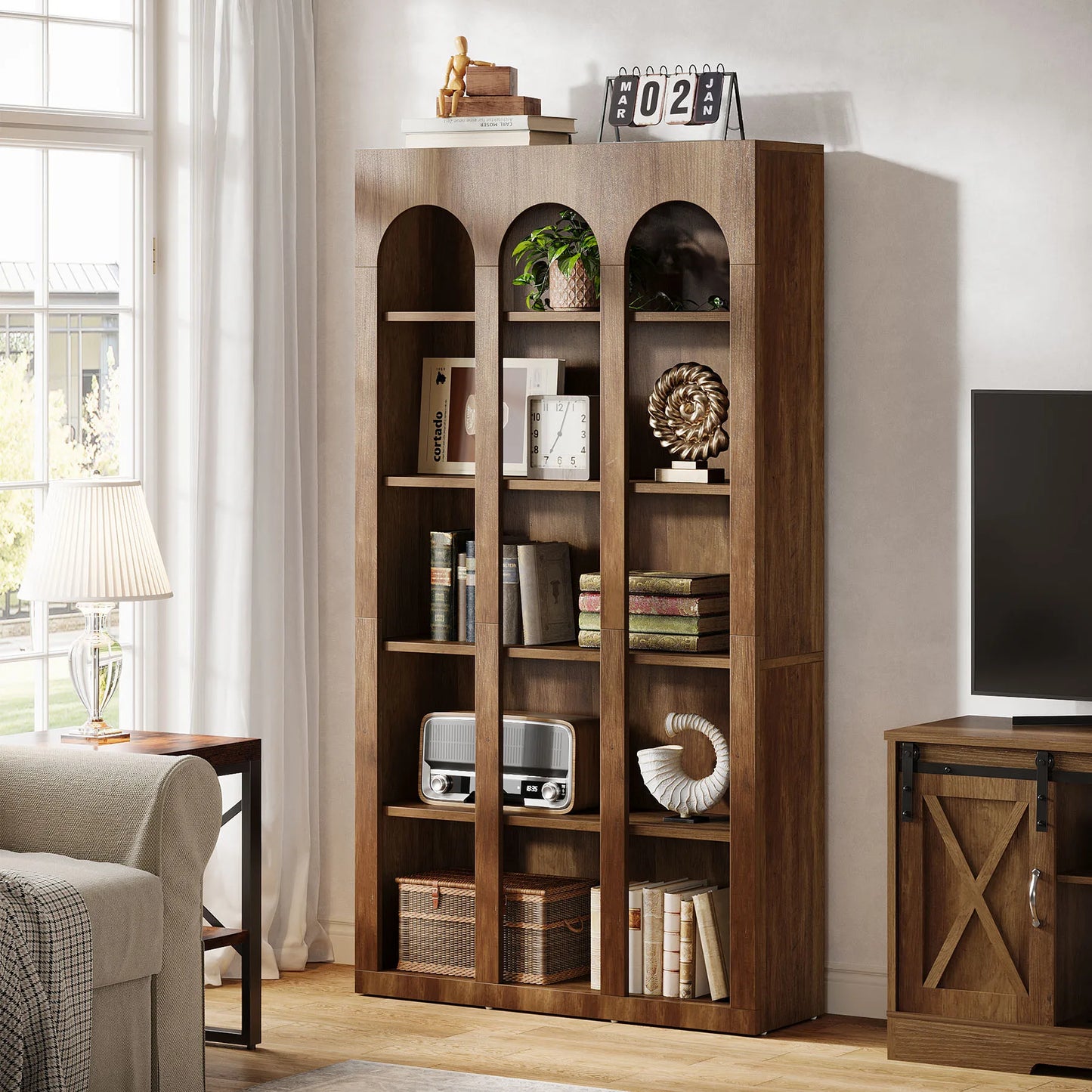 MonoWood70.87" Bookshelf, 5-Tier Arched Display Bookcase with Open Storage Shelves, Vintage Tall Bookshelves Organizer