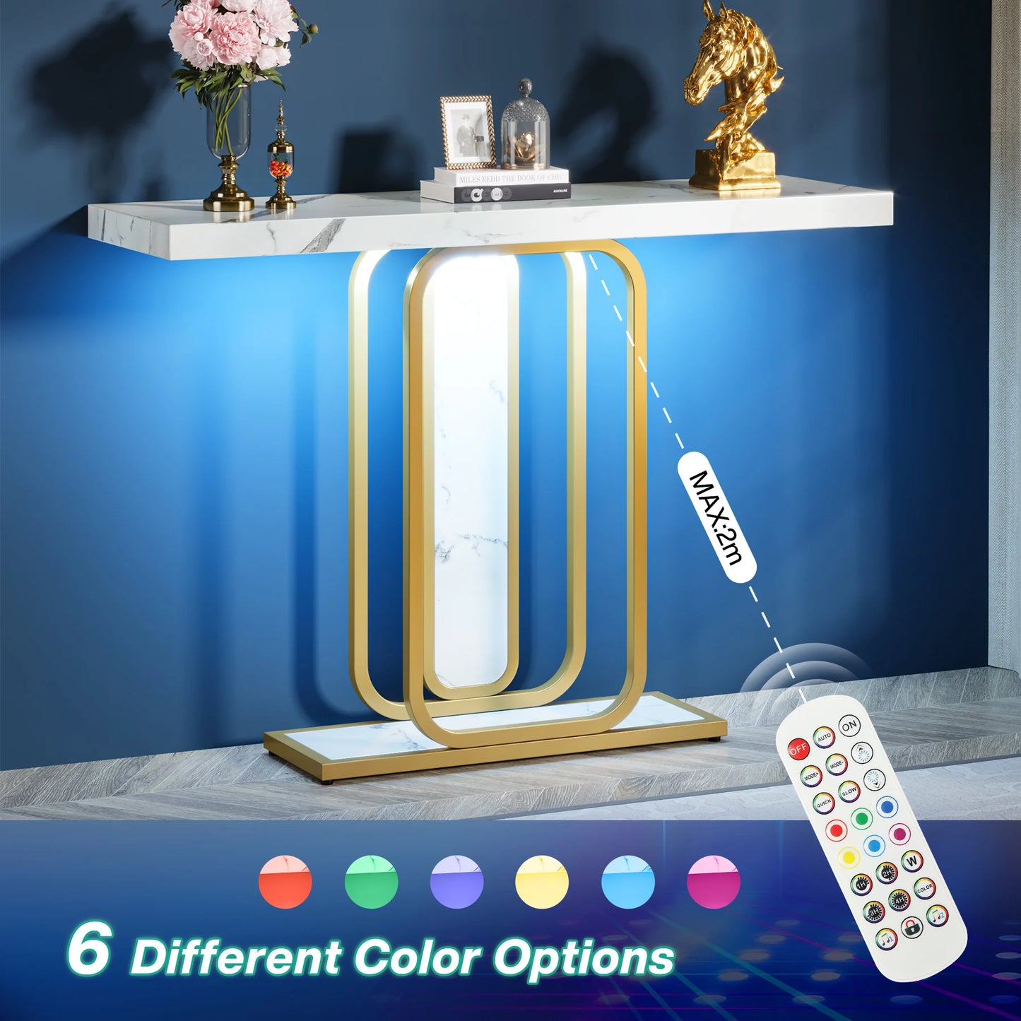 MonoWood Modern Gold White Console Table with LED Lights, Entryway Hallway Foyer Accent Table with Faux Marble Veneer