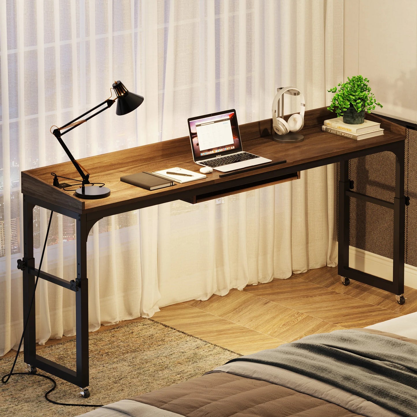 MonoWood Overbed Table with Wheels, Queen Size Over Bed Desk with Adjustable Tilt Stand, Mobile Laptop Cart Computer Desk