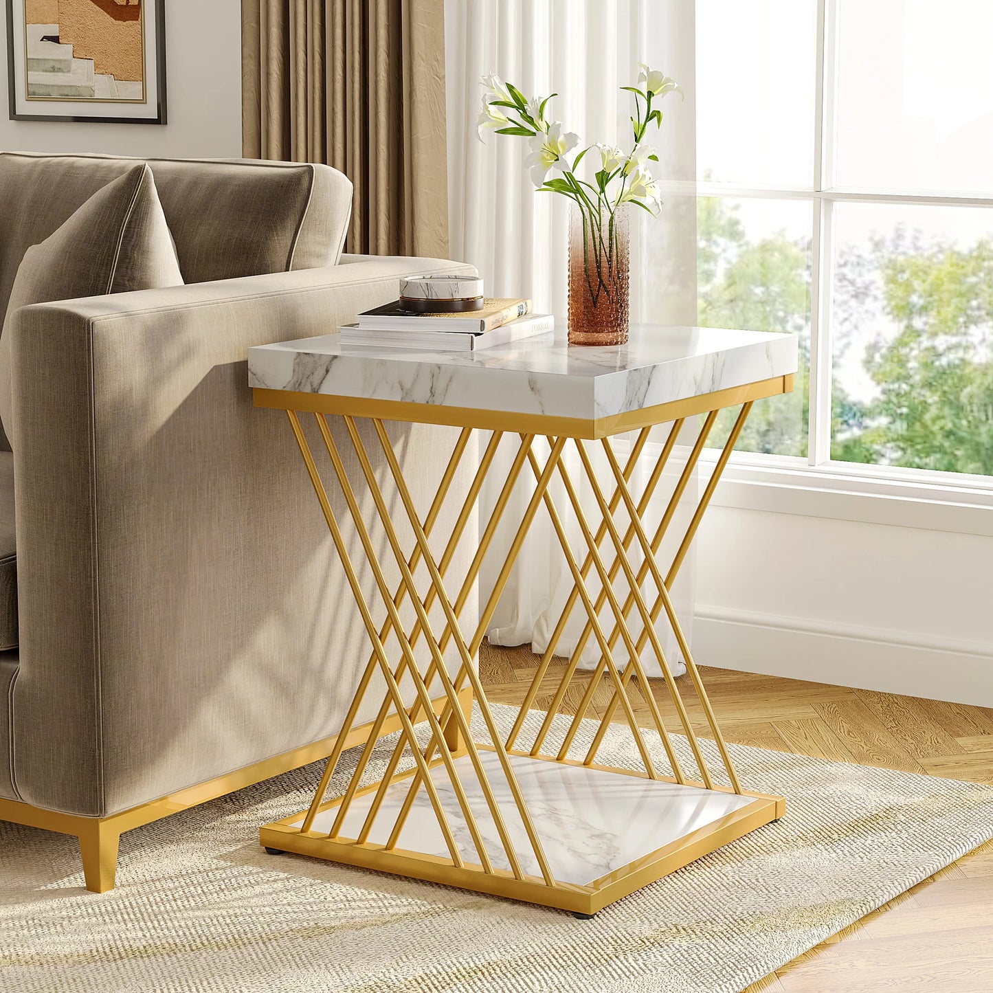 MonoWood Square Side Table White Gold Side Table, 2-Tier End Table Modern Bedside Table Small Side Table