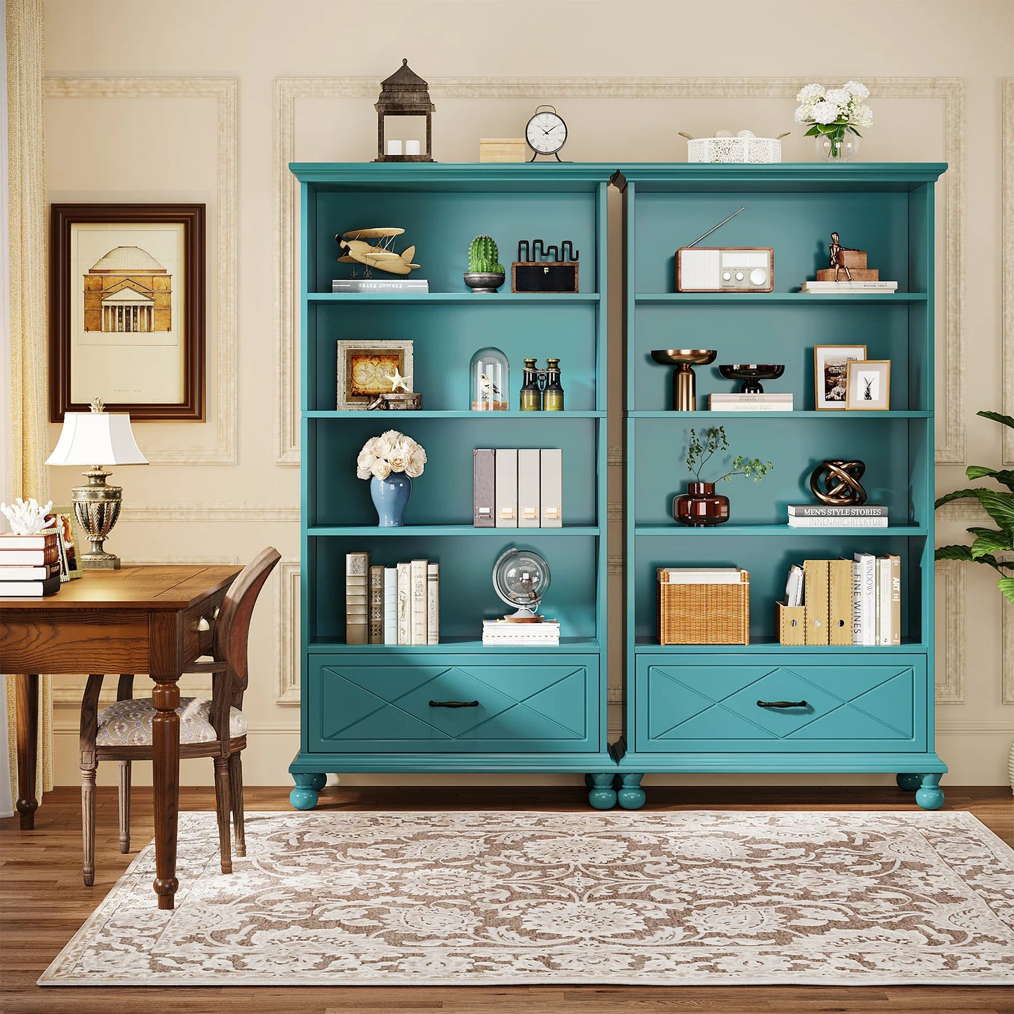 MonoWood 6-Shelf Bookcase with Drawer, 71 Inch Tall Floor Standing Bookshelf with Solid Wood Legs, Large Display Storage