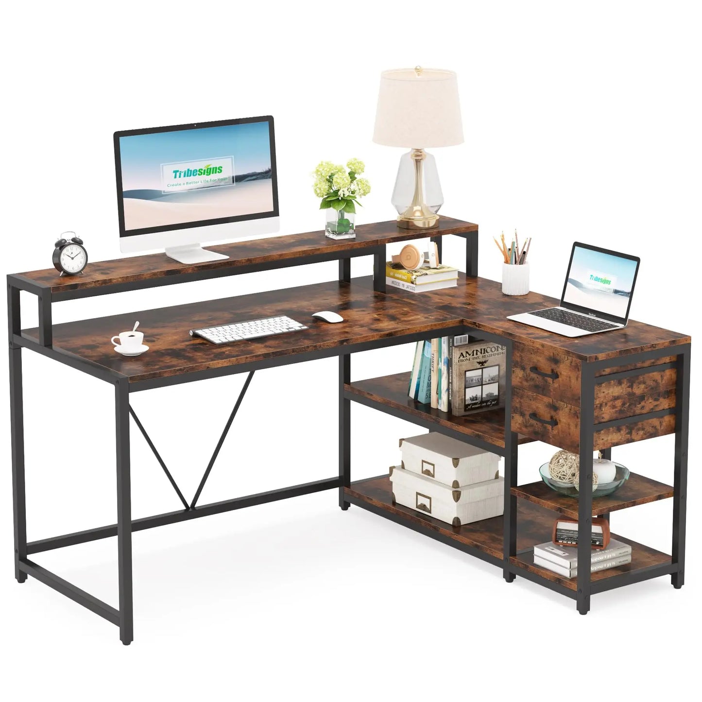 MonoWood Reversible L Shaped Desk with Drawer, Industrial Corner Desk Home Office Table with Shelves and Monitor Stand