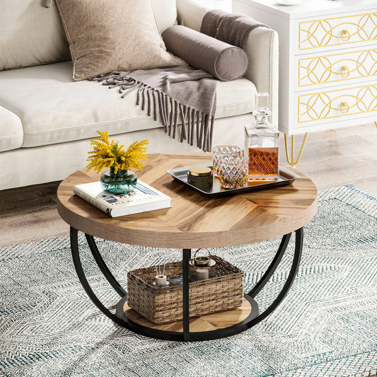 MonoWood 31.7" Round Coffee Table, Industrial 2-Tier Circle Coffee Table with Storage Shelves, Modern Wooden Sofa Side Table