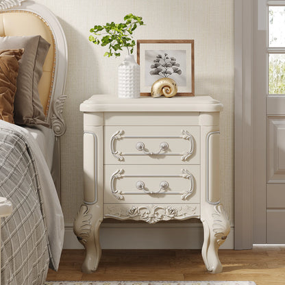 MonoWood White Nightstand, End Table with 2 Drawers, Carved Bedside Tables, Side Table for Bedroom, Living Room