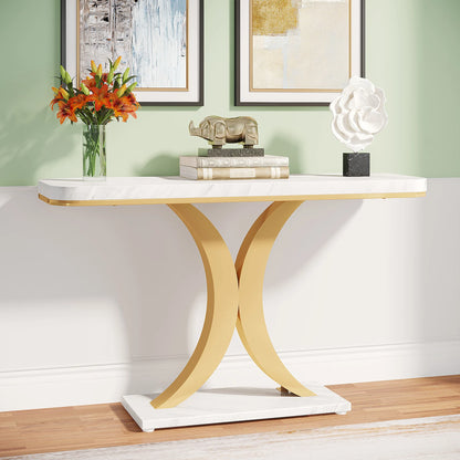 MonoWood Modern Gold Console Table, 40 inch Narrow Entryway Foyer Table with Geometric Base, Rustic Hallway Accent Table