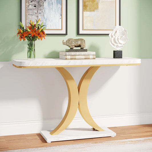 MonoWood Modern Gold Console Table, 40 inch Narrow Entryway Foyer Table with Geometric Base, Rustic Hallway Accent Table