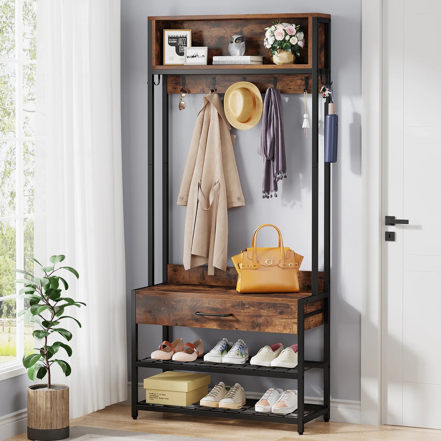 MonoWood 3-in-1 Entryway Hall Tree with Drawer, Vintage Industrial Coat Rack with Shoe Bench and Hutch