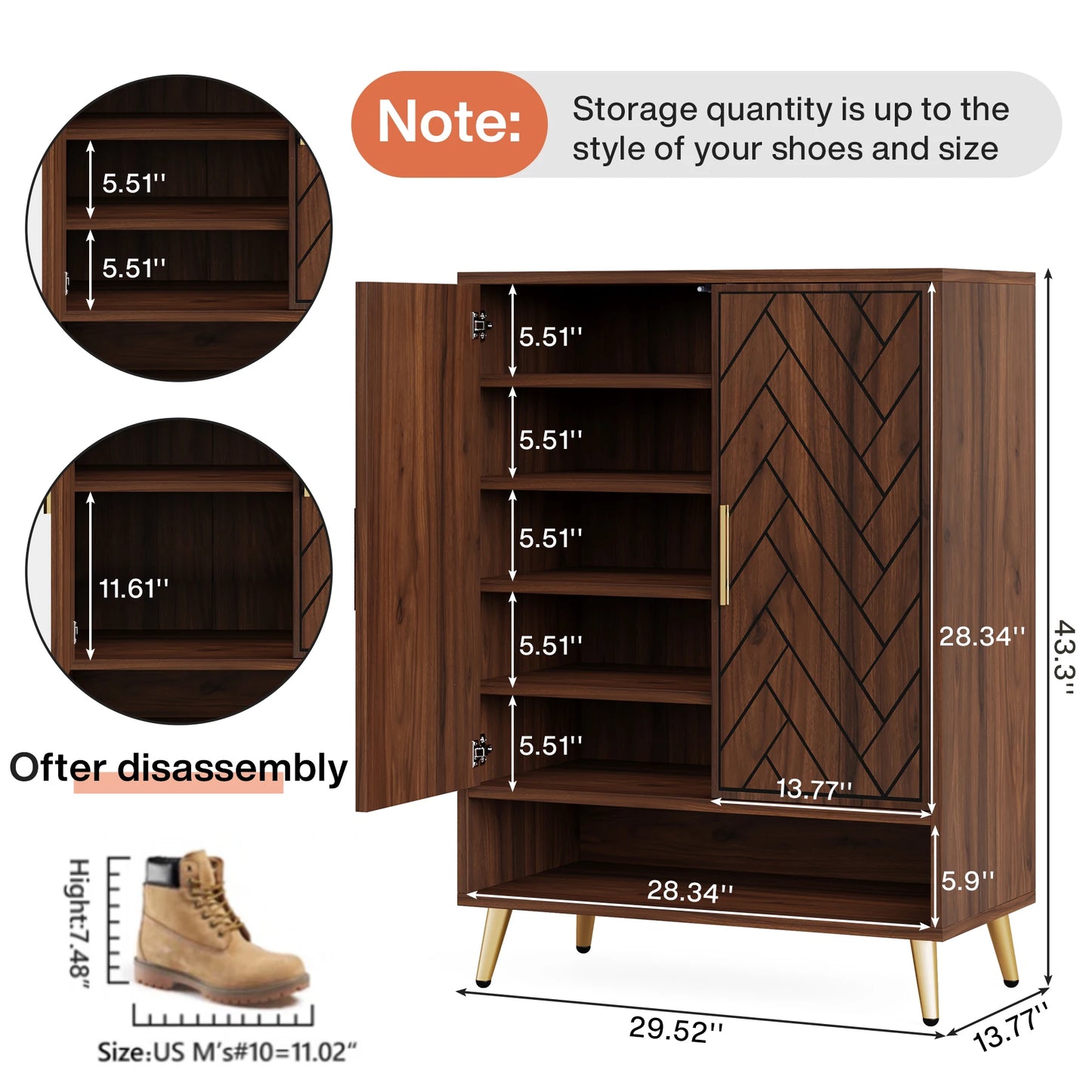 MonoWood 6-Tier Shoe Cabinet with Doors, Walnut Wooden Shoe Storage Cabinet with Adjustable Shelves for Entryway