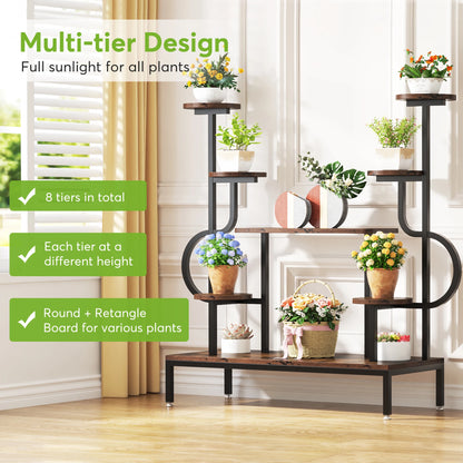 MonoWood 8-Tier Metal Plant Stand, Large Tall Plant Shelf for Multiple Plants, Round & Square Boards, Ladder Flower Rack