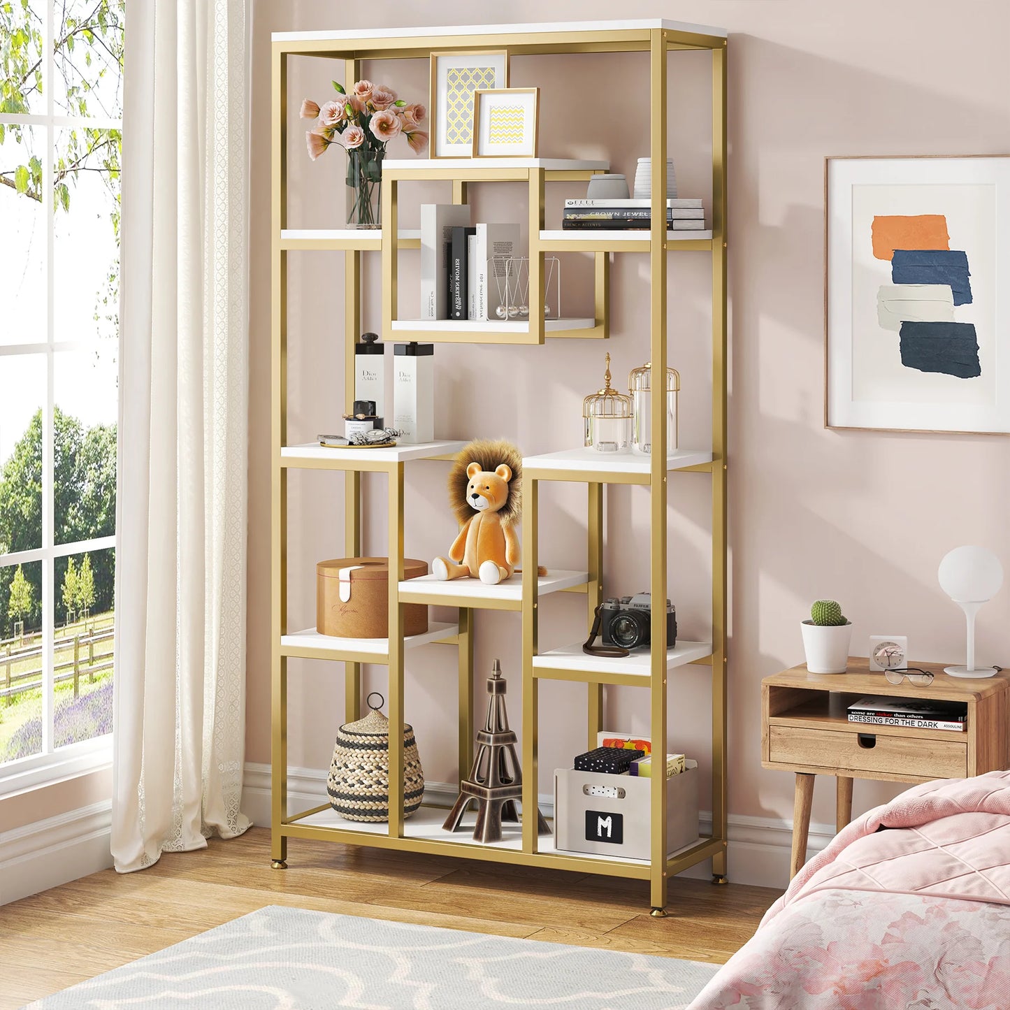 MonoWood Bookcases and Bookshelves, 71” Tall Bookshelf with Metal Frame, Freestanding Geometric Bookcase