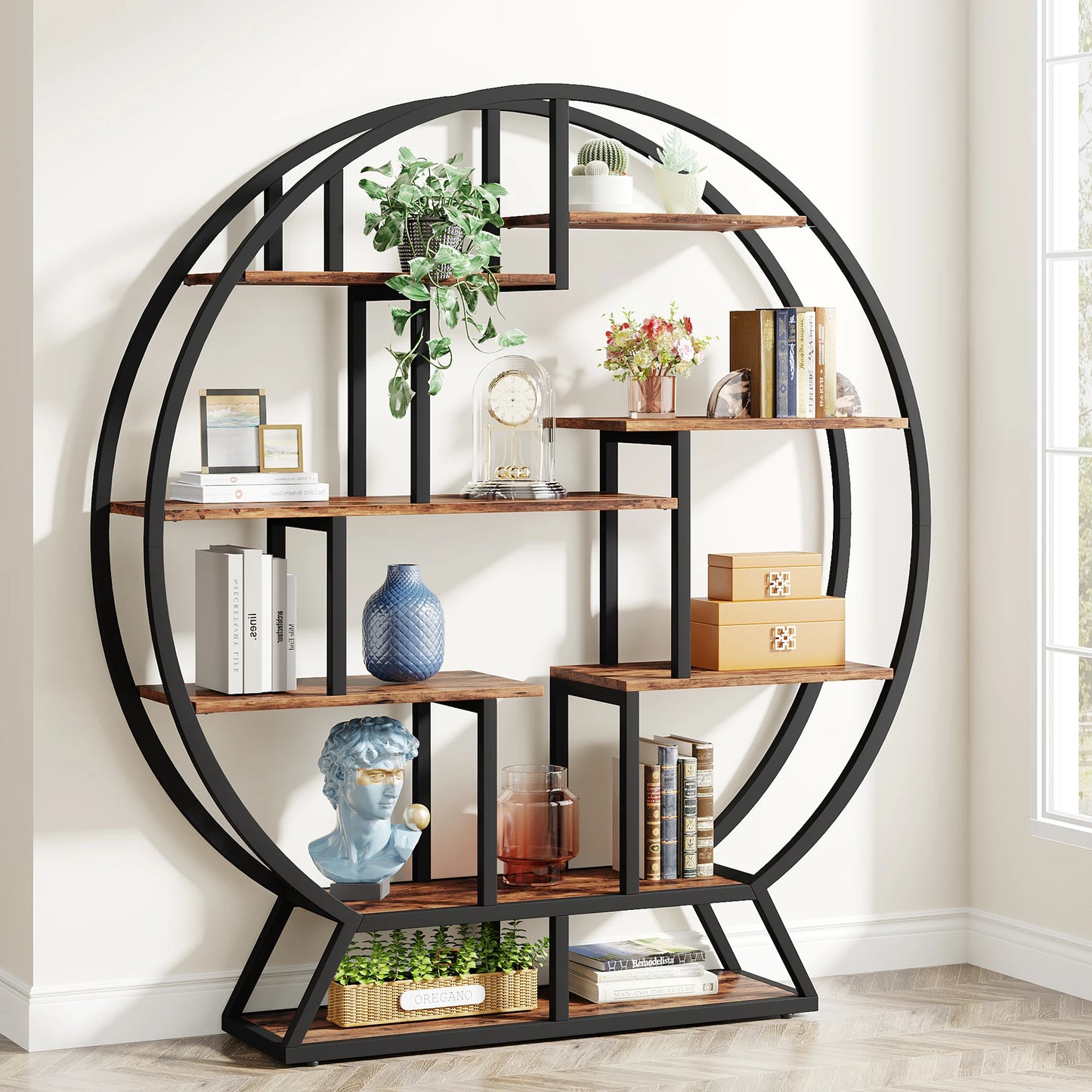 MonoWood Bookshelf, Round Bookshelves Etagere Bookcase, 63-Inch Industrial Wood Book Shelf with Staggered Shelves