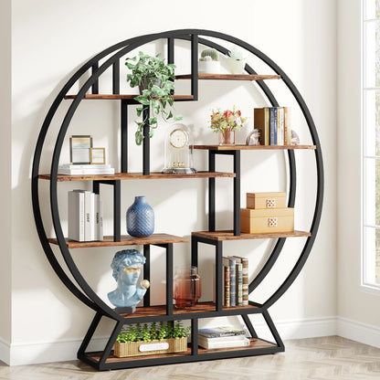 MonoWood Bookshelf, Round Bookshelves Etagere Bookcase, 63-Inch Industrial Wood Book Shelf with Staggered Shelves