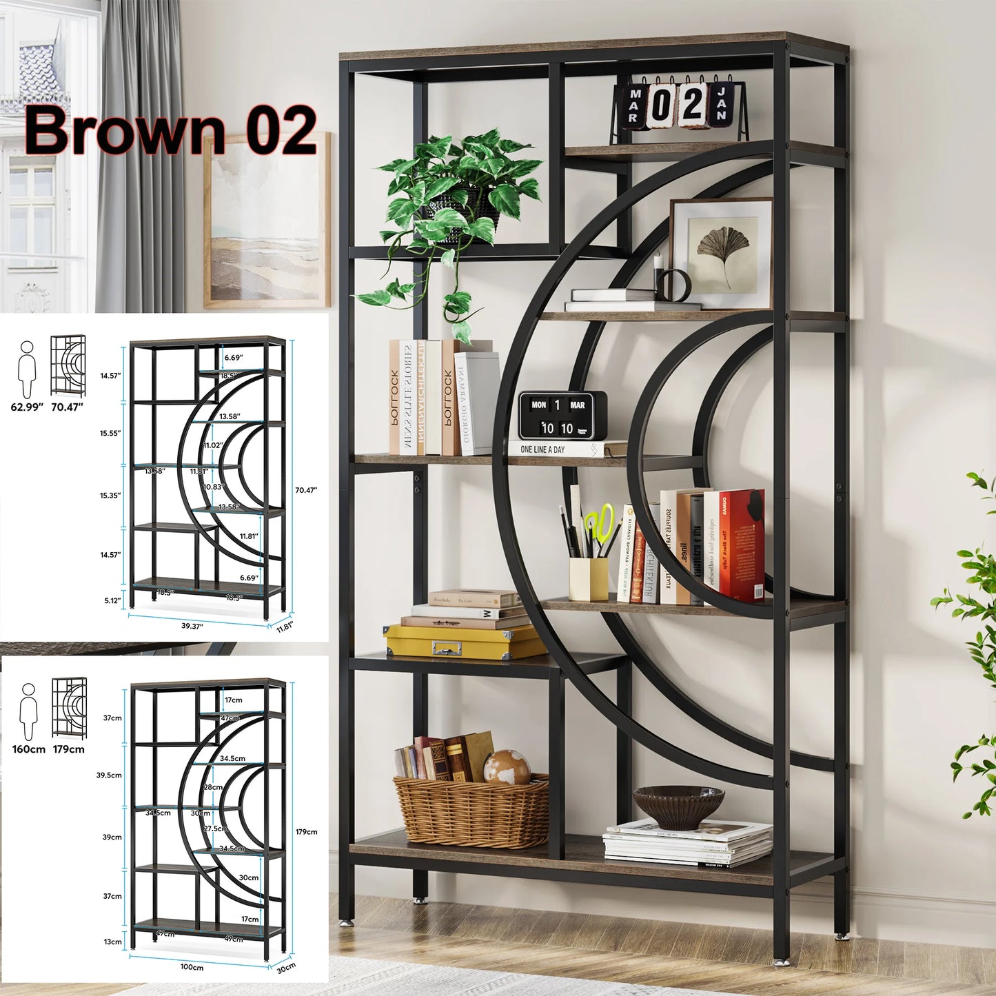 MonoWood Bookshelf Industrial 5 Tier Etagere Bookcase, Freestanding Tall Bookshelves Display Shelf Storage Organizer