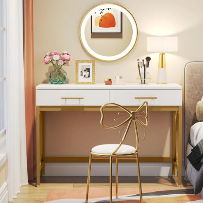 MonoWood 41" Gold Computer Desk with 2 Drawers, Writing Office Desk Modern Makeup Vanity Table Office Desk with Geometric Meta