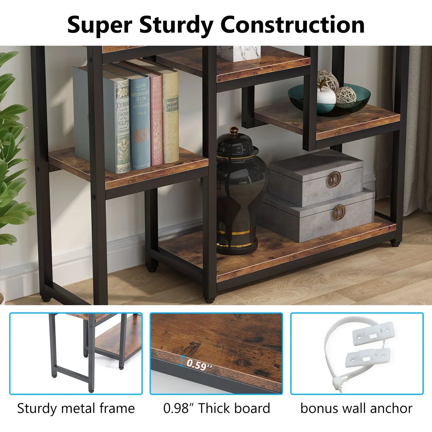 MonoWood  6-Tier Bookshelf 70.9 inch Tall Bookcase, Vintage Industrial 12-Shelf Display Shelves Book Storage Organizer