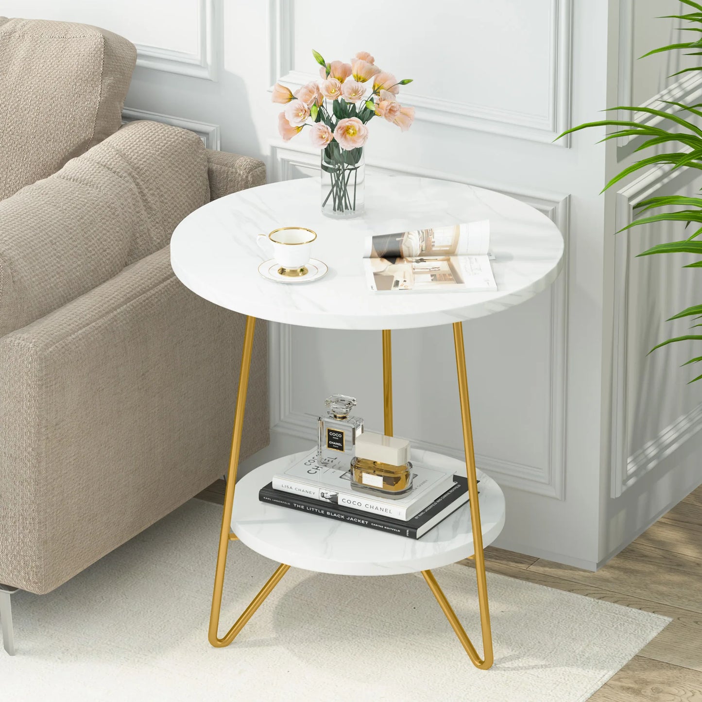 MonoWood 2 Tier Faux Marble End Table Round Side Table with Shelves Small Coffee Accent Table for Living Room, White and Gold