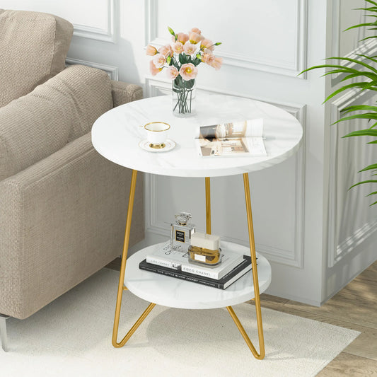 MonoWood 2 Tier Faux Marble End Table Round Side Table with Shelves Small Coffee Accent Table for Living Room, White and Gold