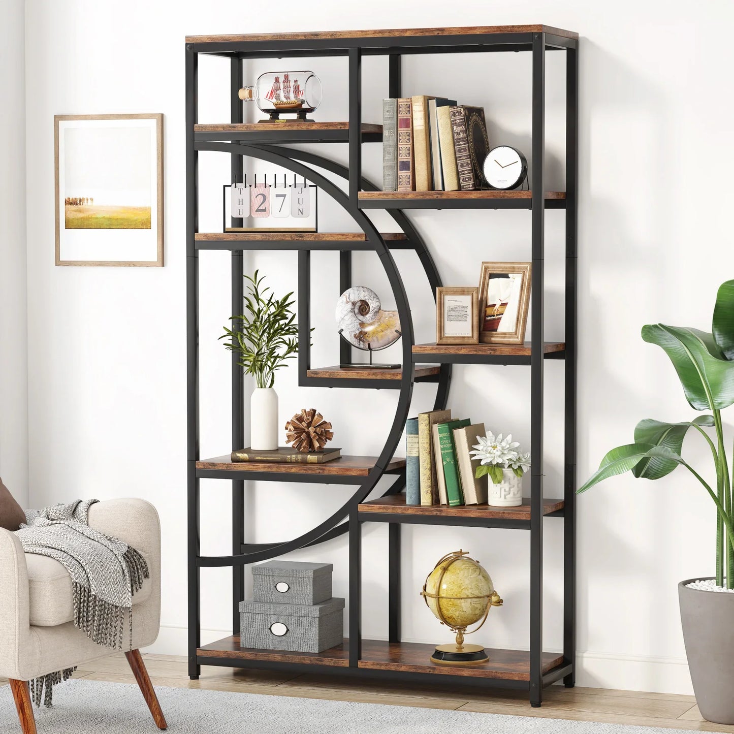 MonoWood Bookshelf Industrial 5 Tier Etagere Bookcase, Freestanding Tall Bookshelves Display Shelf Storage Organizer