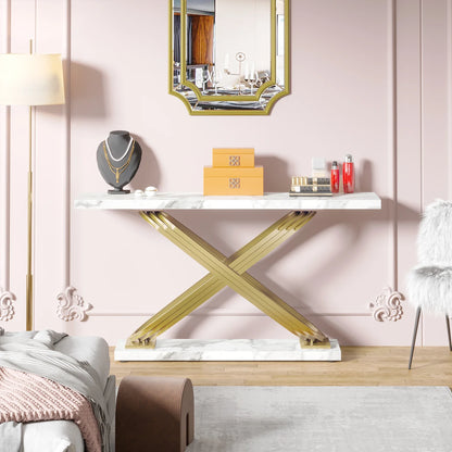 MonoWood 55 Inch Modern Console Table, Faux Marble Gold Entryway Table Behind Sofa Couch, Narrow Rectangular Sofa Table