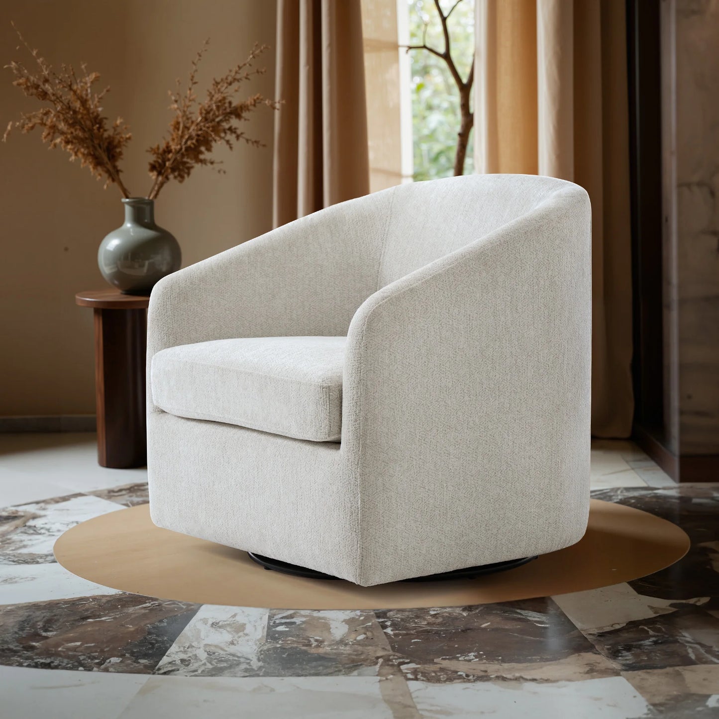 MonoWood 360° Swivel Accent Chairs, Round Chenille Barrel Chairs with Removable Seat Cushion, Modern Upholstered Armchair