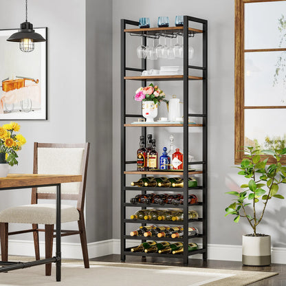 MonoWood 20 Bottle Wine Bakers Rack, 9 Tier Freestanding Wine Rack with Glass Holder and Storage Shelves