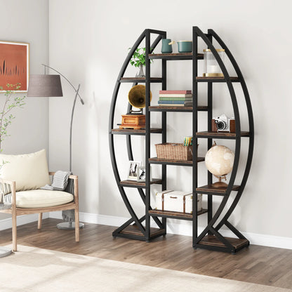 MonoWood Oval Bookshelf, Triple Wide 5 Tier Etagere Bookcase, Industrial Display Shelves for Living Room (Brown, 55")